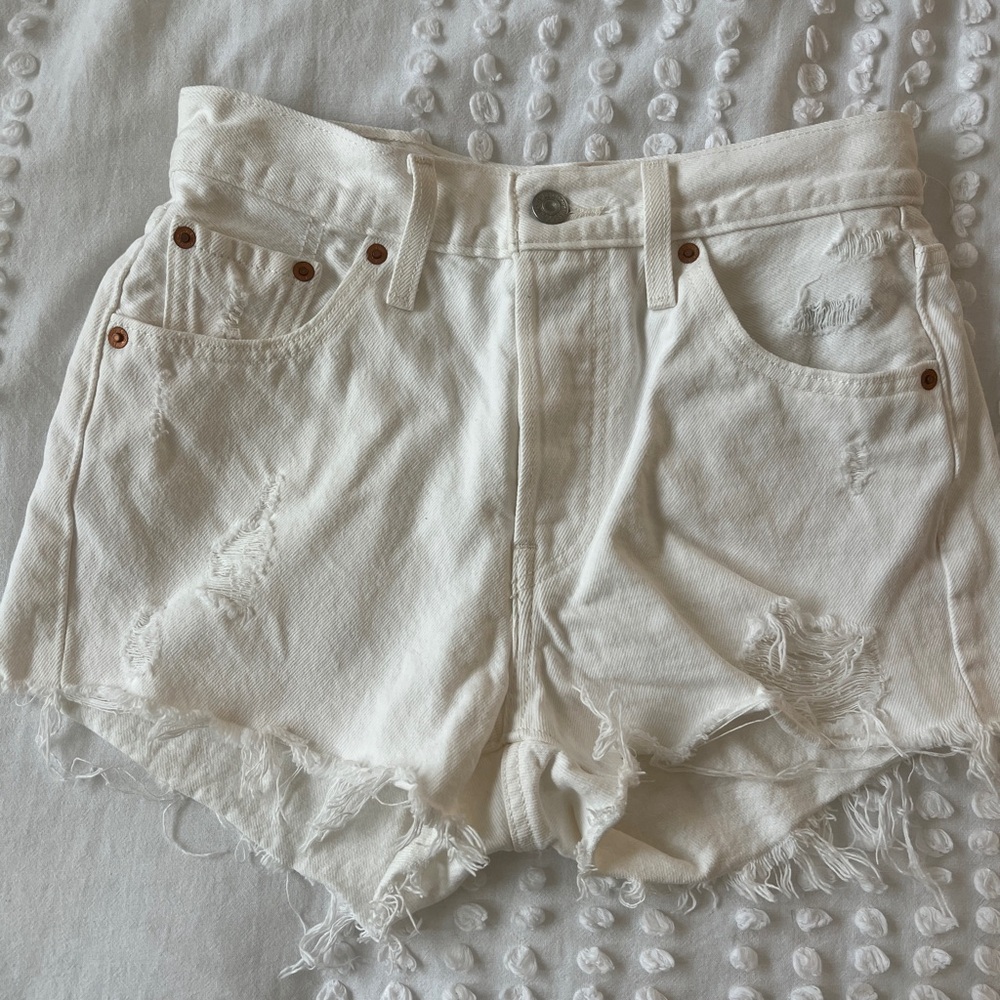 Distressed White Denim Shorts